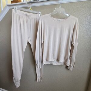 LL Bean Womens 100% Silk Pointelle Long Underwear Set Cream Beige Medium A